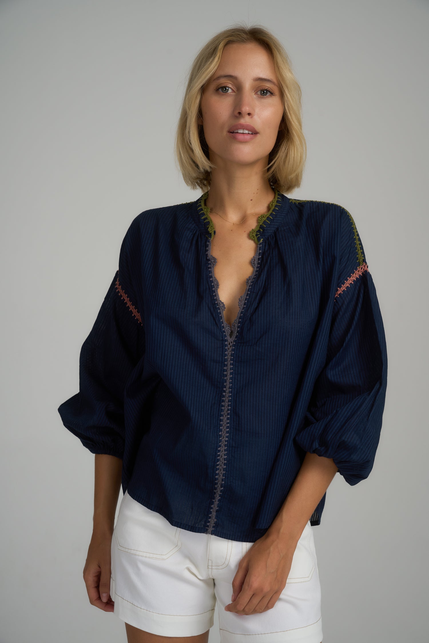 Anatolia Trim Top - Navy Blue Crochet Mix