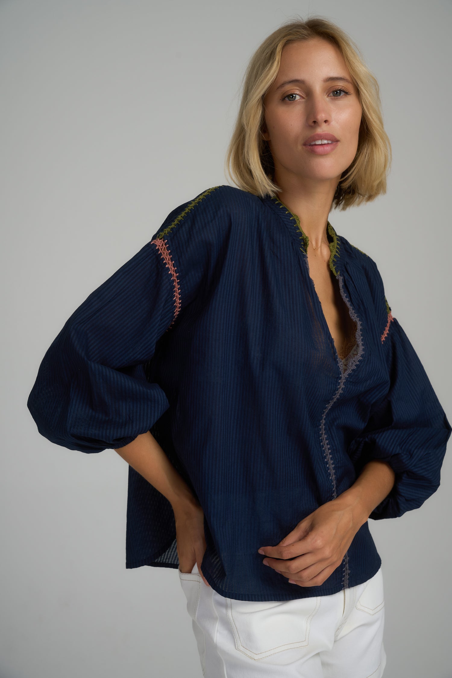Anatolia Trim Top - Navy Blue Crochet Mix